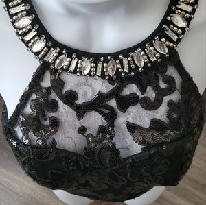 Sequin Hearts Black Lace w/ Rhinestone Croptop